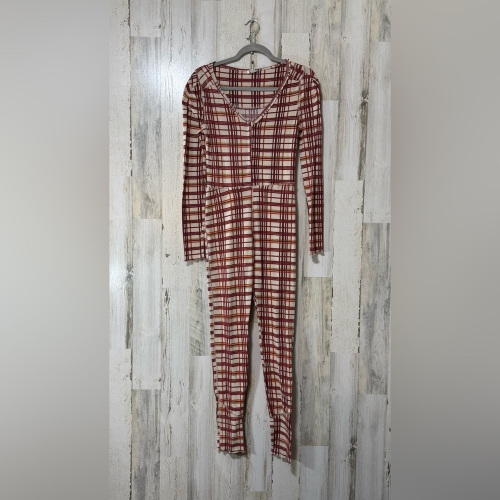 Free People Checkered V-Neck Onesie Lightweight Pajamas - Picture 2 of 12